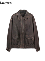 Oversized Distressed Brown Soft Faux Leather Jacket for Women 2